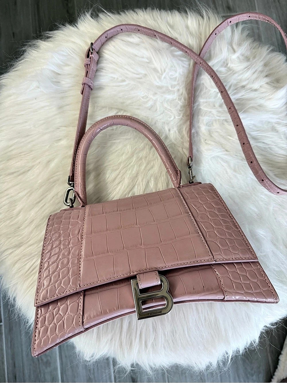 Balenciaga Hourglass Top Handle Bag XS Crocodile Embossed Croc-Embossed Pink